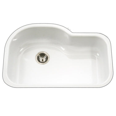 Houzer WH Porcela Series Porcelain Enamel Steel Undermount Offset Single Bowl Kitchen Sink, White Kitchen Sink - Undermount Houzer